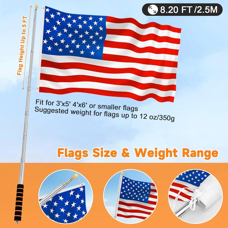 CATMOOW Portable Handheld Flag Pole for Carrying, 8.2Ft/2.5M Stainless Steel Telescopic Hand Held Carry Flagpole, Telescoping Tour Guide Flag Pole Extendable Hand Flagpoles for 3x5 4x6 flags with 4 Pcs Clips - Image 3